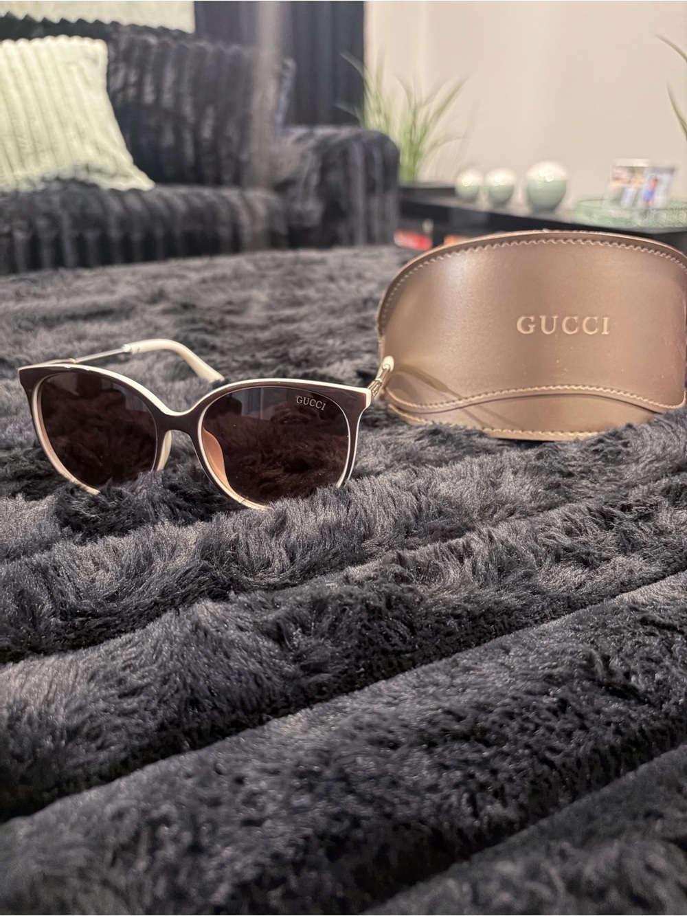 Gucci Cat-Eye Sunglasses in Cream and Brown with Gold Accents